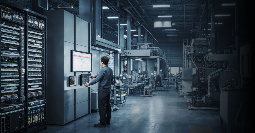 Engineer reviewing condition-monitoring data at a wall-mounted screen beside industrial control cabinets