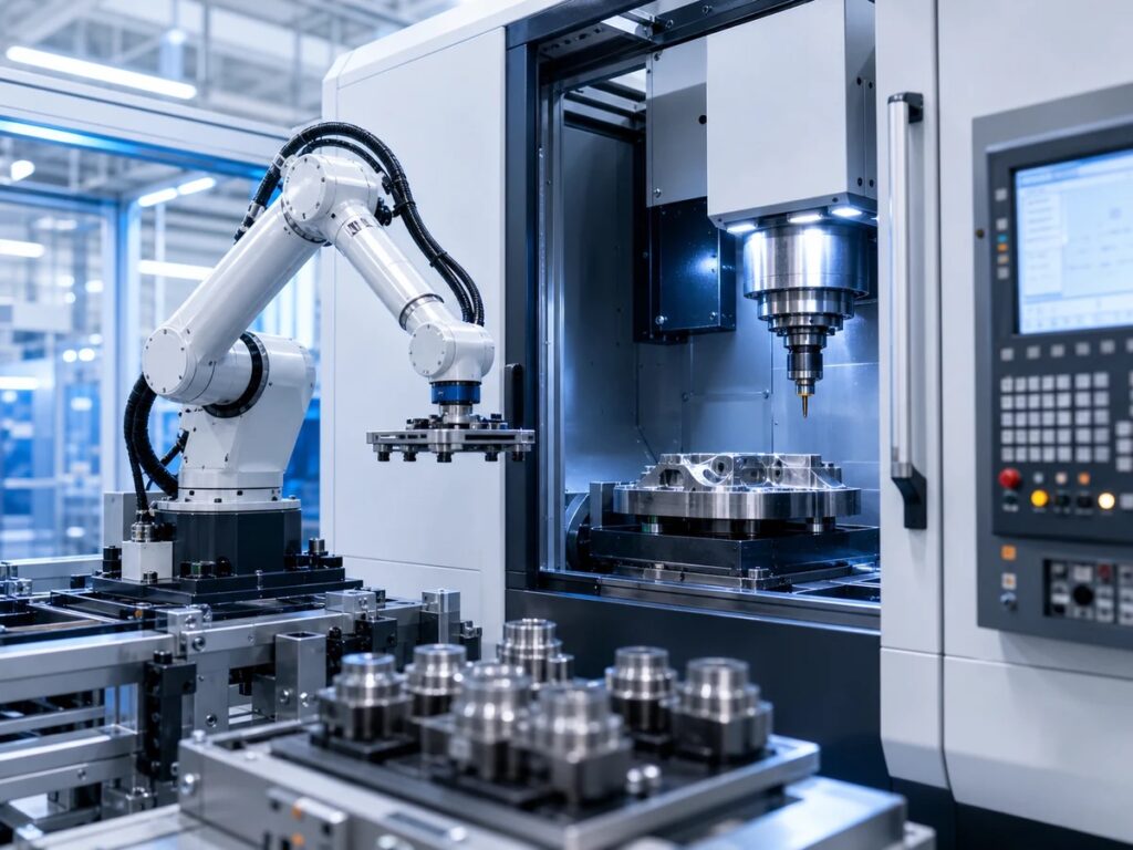 Robotic machine-tending cell loading a CNC machining centre, with a control cabinet and operator panel at the machine builder assembly hall